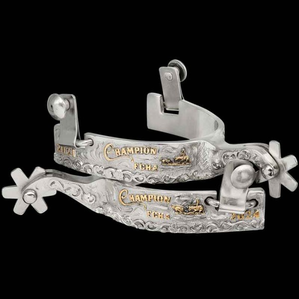 The Stagecoach Mary Set combines elegance, funcationality & quality to give you an exceptional set of spurs. They are hand engraved on the entire outside band and both sides of the shank. Detailed with German Silver scrolls and Jewelers Bronze letteri